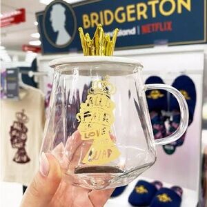 Bridgerton Clear Glass Mug with Gold Crown Lid - “All Is Fair In Love and War”.